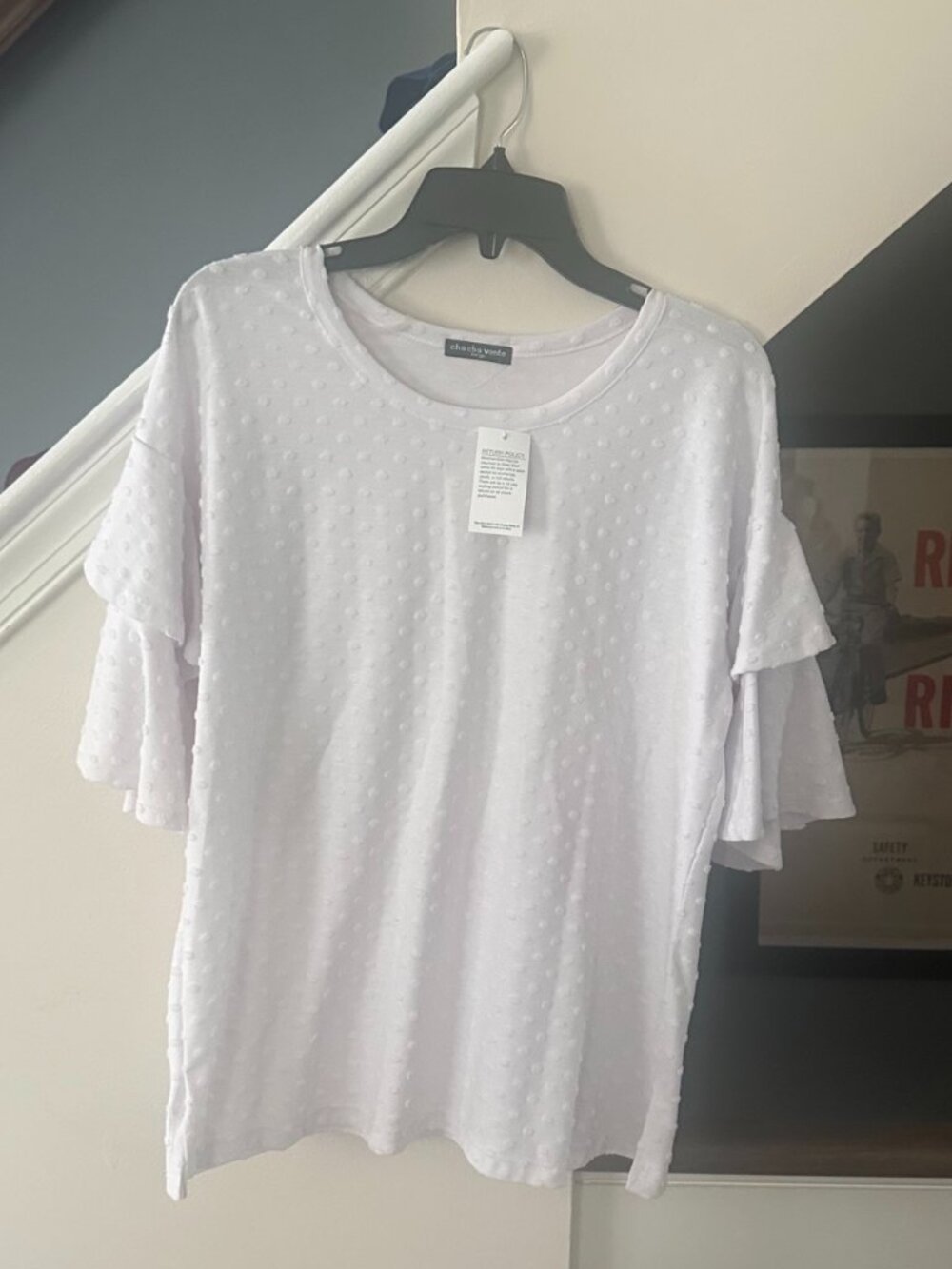 Cha Cha Vente White Swiss Dot Tiered Flutter Sleeve Top - Size L